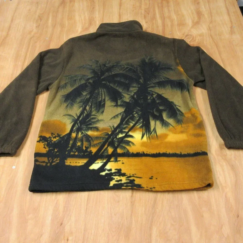 KOKOPELLI All Over Palm Print Zip-Up‎ Fleece Jacket Sz M Hawaiian Tropical Coat